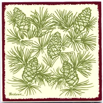Pine Cones with Evergreens Botanical design as a tile, trivet, or wall plaque. Can be used in a kitchen backsplash or bathroom tile.