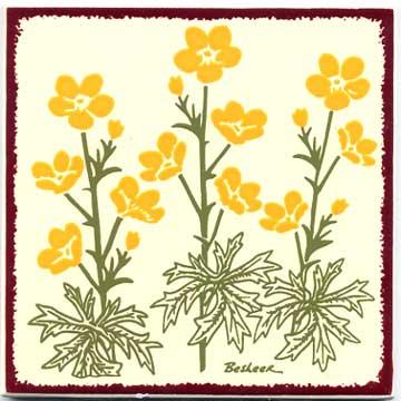 yellow buttercups tile, wall plaque, trivet, by Besheer Art Tile